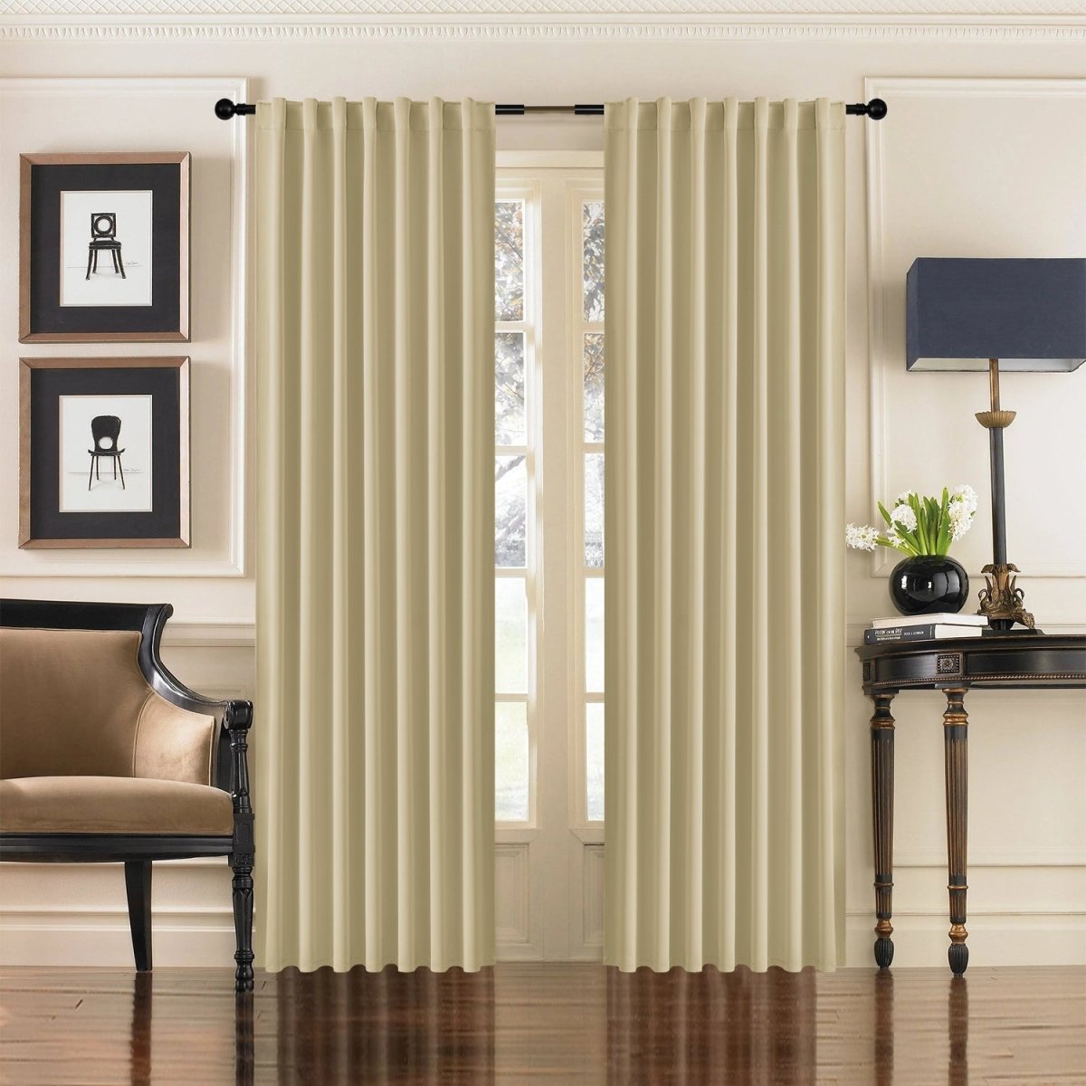 Joydeco black 96 inch blackout curtains, 2-panel set with rod pocket, framing French doors in an elegant room.
