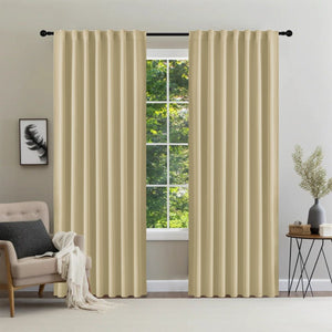 Joydeco beige thermal insulated blackout curtains, 96 inch length, two panels with rod pocket design hanging on black rod.