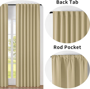 Joydeco black 96-inch blackout curtain set showing back tab and rod pocket hanging styles on a black rod.