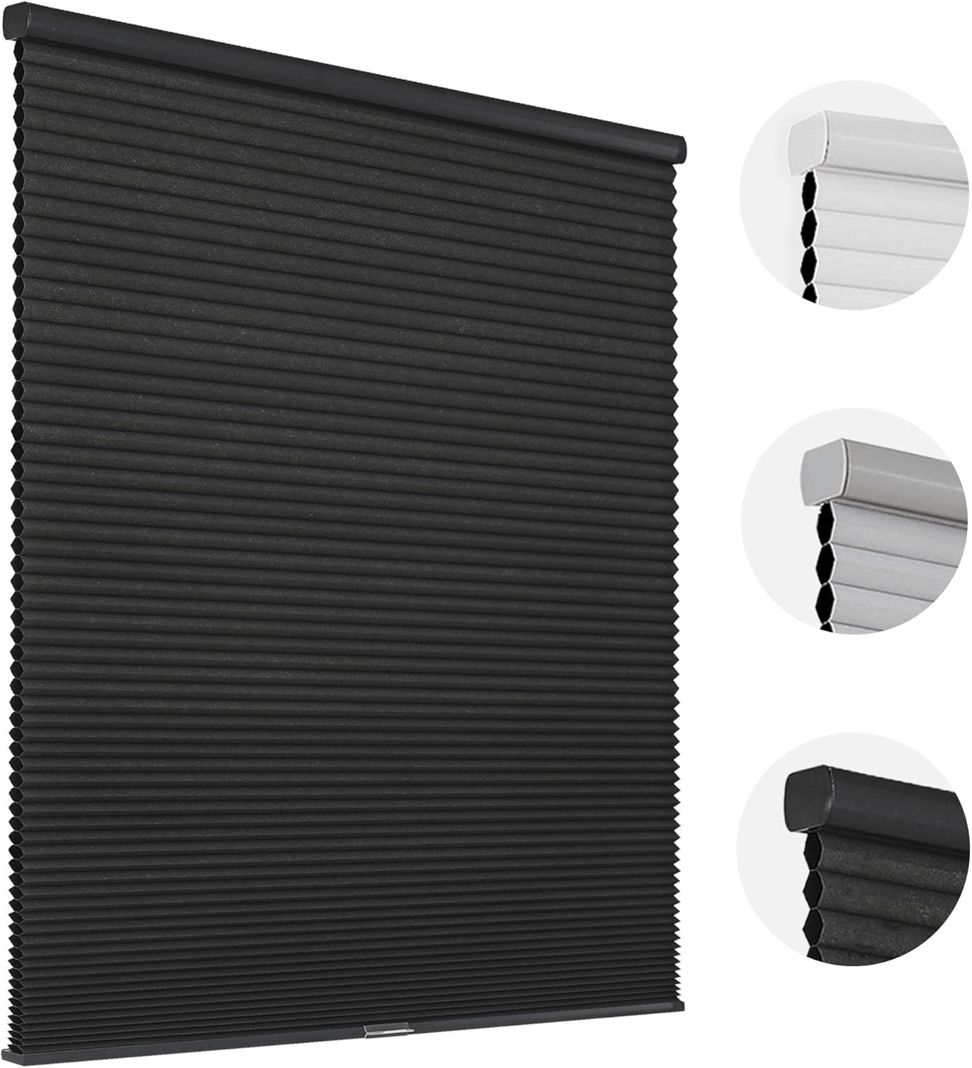 Black cordless blackout cellular window shade with inset samples of light gray and medium gray top rail and fabric colors.