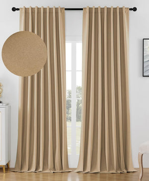 Two dark beige Joydeco blackout curtains with sanded fabric texture, thermal insulated, grommet top panels.