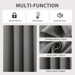 Joydeco blackout curtains: privacy, temp balance, noise reduction, neat edge, soft touch, heavy fabric.