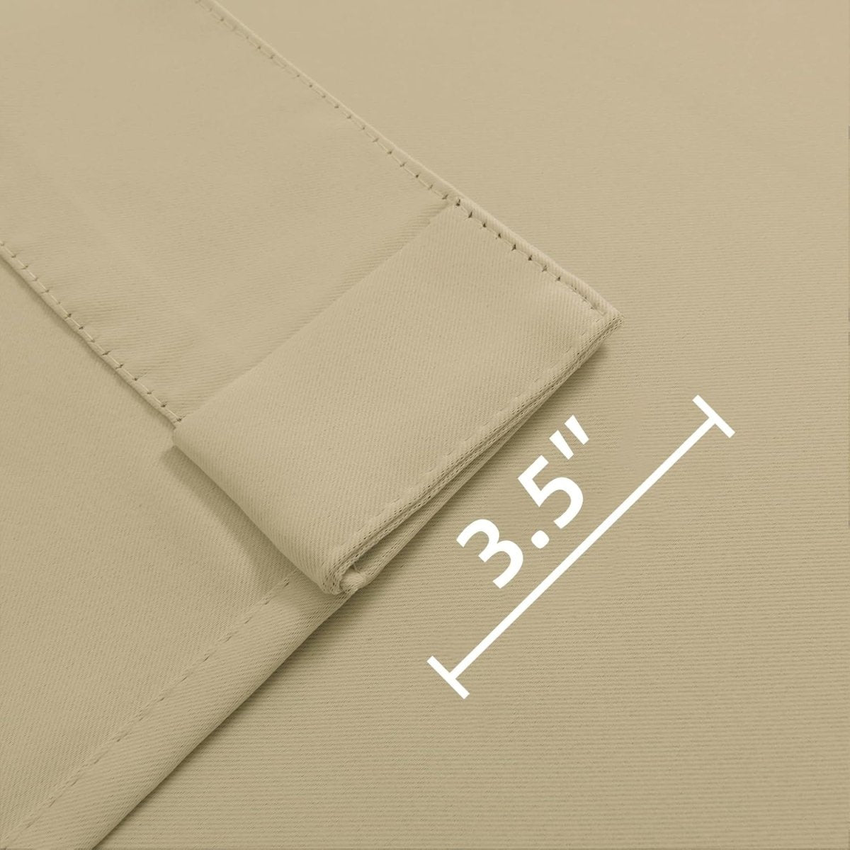 Joydeco black blackout curtain detail showing 3.5 inch back tab dimension.