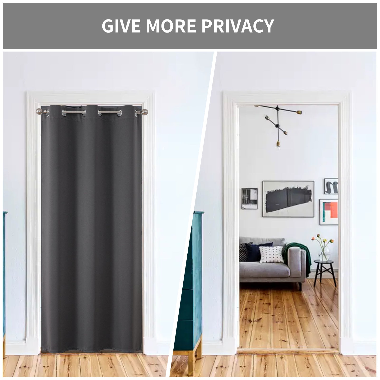 Dark gray polyester door curtain with grommets, showing privacy vs open room. (40x78 inches).