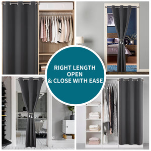 Dark gray polyester door curtain with silver grommets, used to cover closet, doorway, and kitchen entrance.