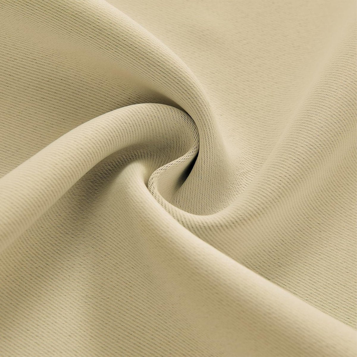 Joydeco light beige blackout curtain fabric, 100% polyester texture for thermal insulation.