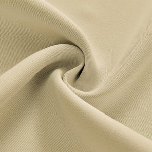Joydeco light beige blackout curtain fabric, 100% polyester texture for thermal insulation.