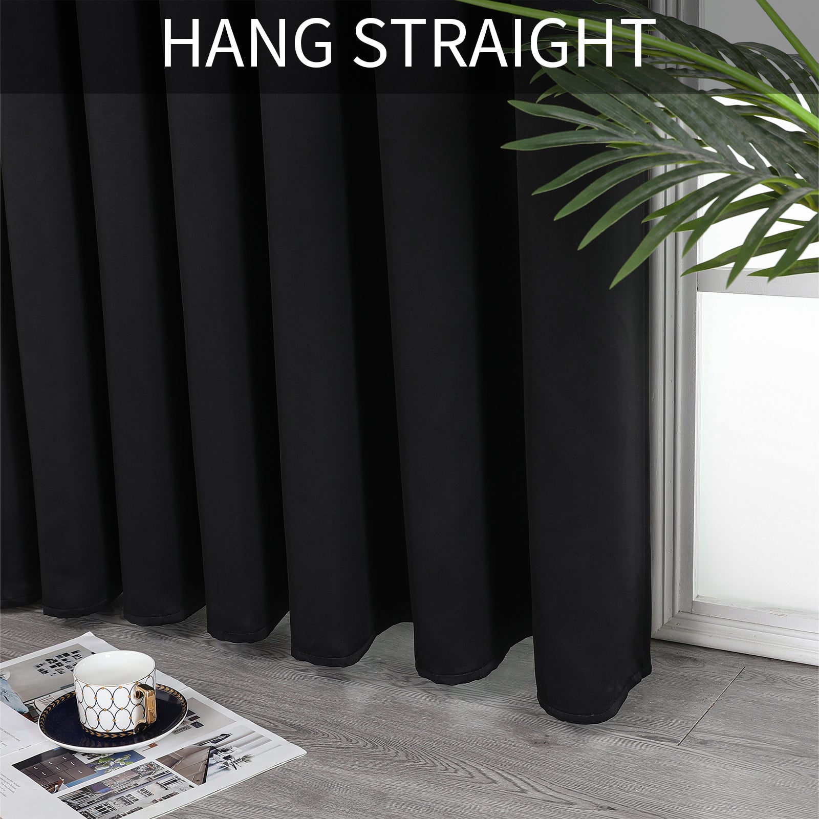 Black extra wide blackout curtains with straight pleats, ideal for sliding glass doors or room dividers.