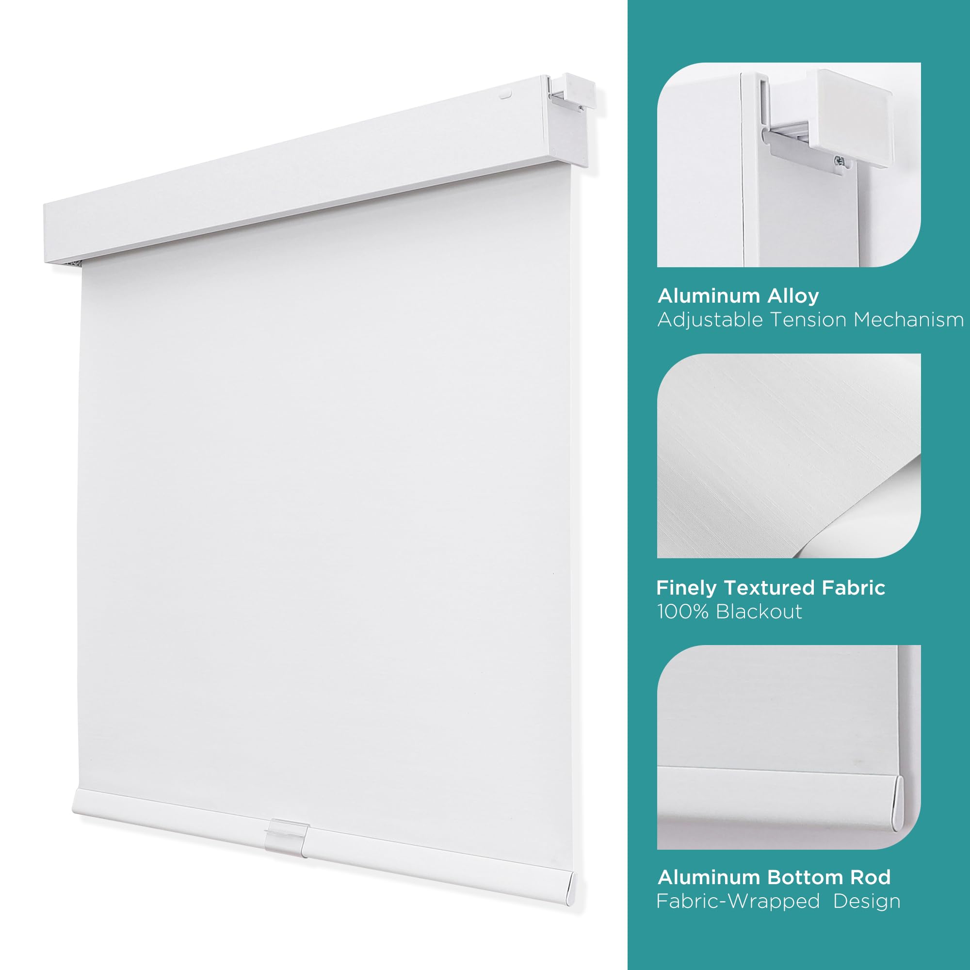 White cordless blackout roller shade: aluminum tension mechanism, 100% blackout fabric, fabric-wrapped bottom rod.