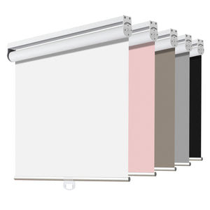 Joydeco cordless blackout roller shades in white, pink, taupe, gray, and black, showcasing available colors.