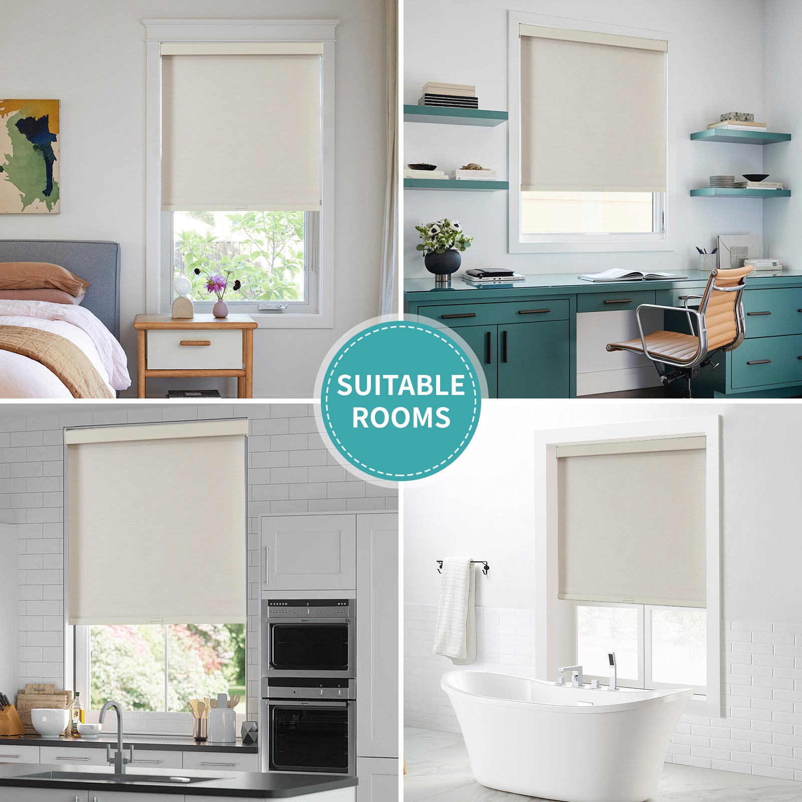 Cream textured blackout roller shades with aluminum valance shown in bedroom, office, kitchen, and bathroom settings.