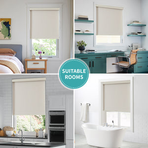Cream textured blackout roller shades with aluminum valance shown in bedroom, office, kitchen, and bathroom settings.