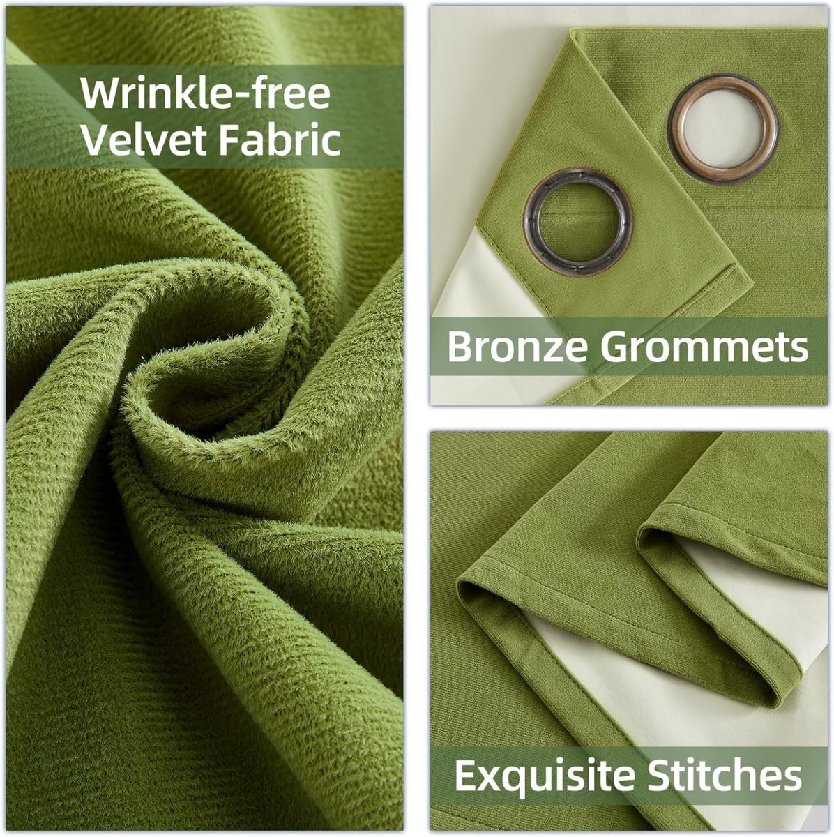 Joydeco 100% Blackout Moss Green Velvet Curtains - 2 Panels , Thermal Insulated, Privacy