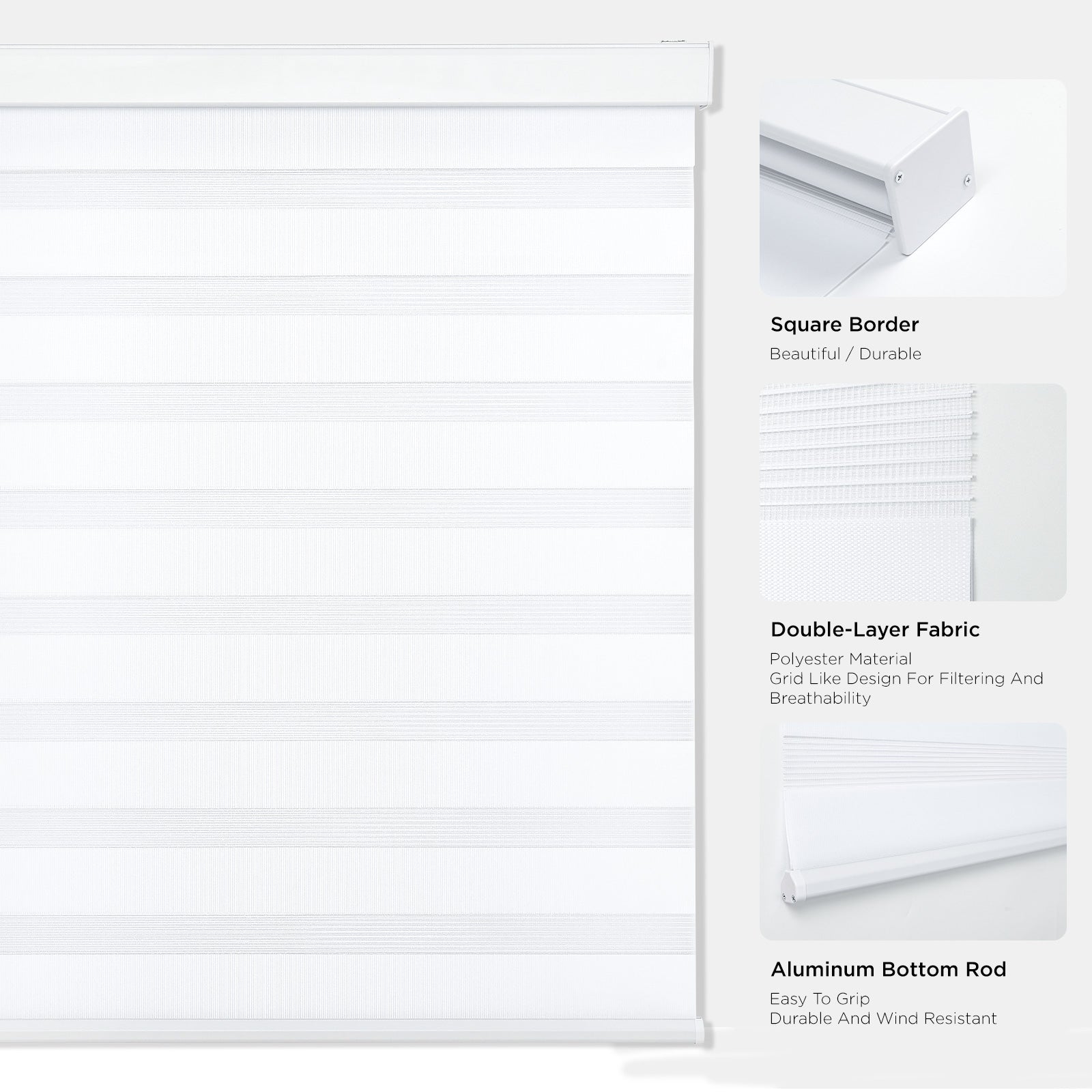 White cordless zebra blinds. Double-layer fabric, alternating bands, aluminum bottom rod for grip and durability.
