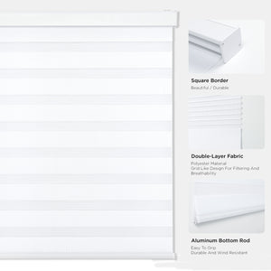 White cordless zebra blinds. Double-layer fabric, alternating bands, aluminum bottom rod for grip and durability.