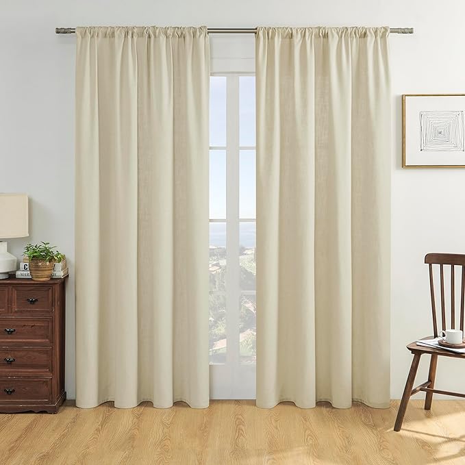 Joydeco Pistachio Shell Linen Curtains, light filtering, in living room with soft light.