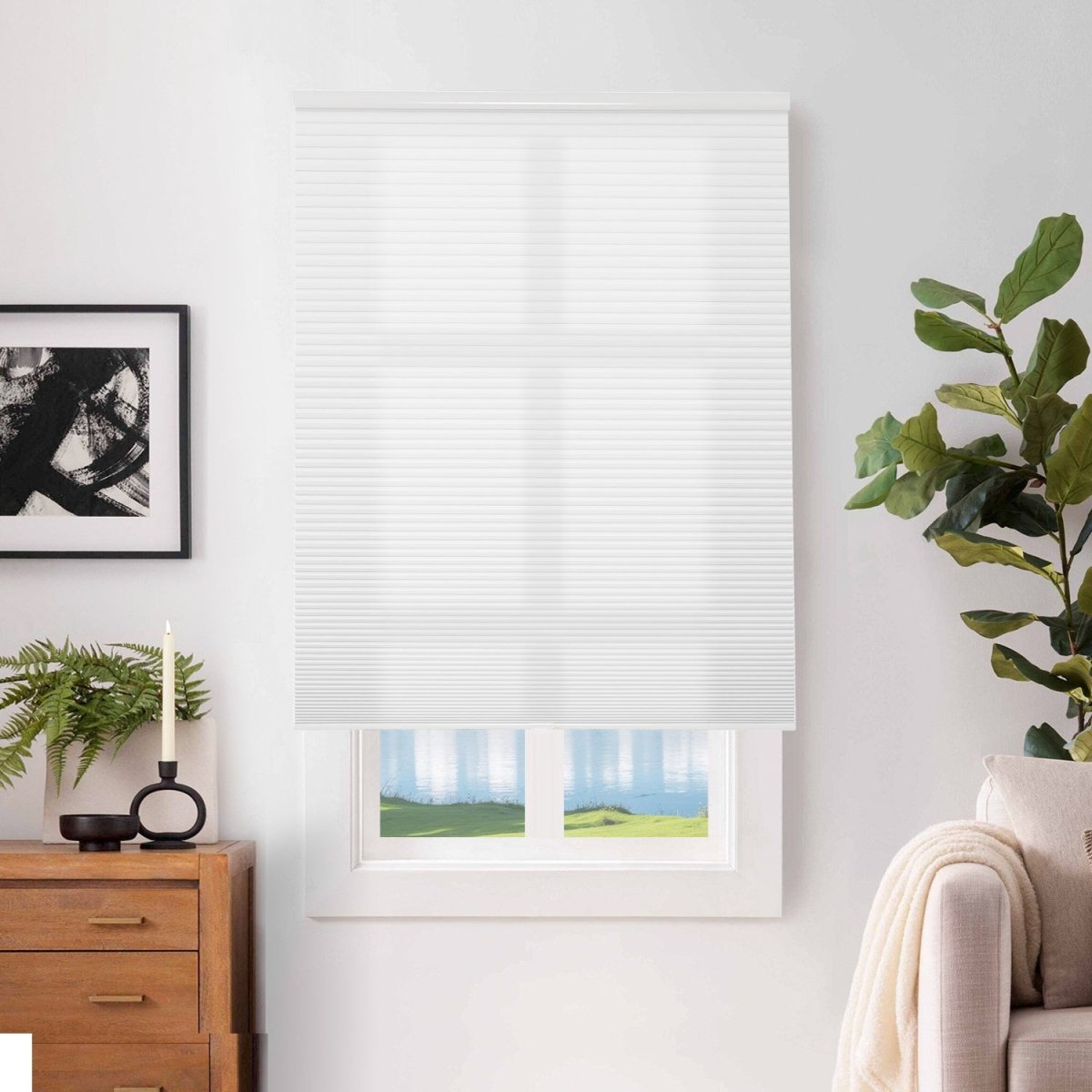 White cordless cellular shade filtering light, honeycomb texture, living room window, privacy.