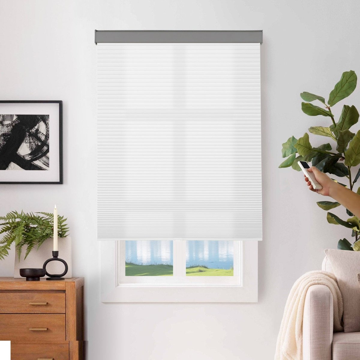 Joydeco cordless cellular shade motorized operation with remote control, white fabric light filtering.