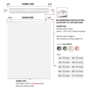 Joydeco cordless blackout shade sizing and installation guide: inside/outside mount dimensions, Ivory White, sizes 28-71in.