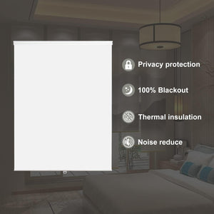 Joydeco cordless blackout roller shade in bedroom: privacy, 100% blackout, thermal insulation, noise reduction features.