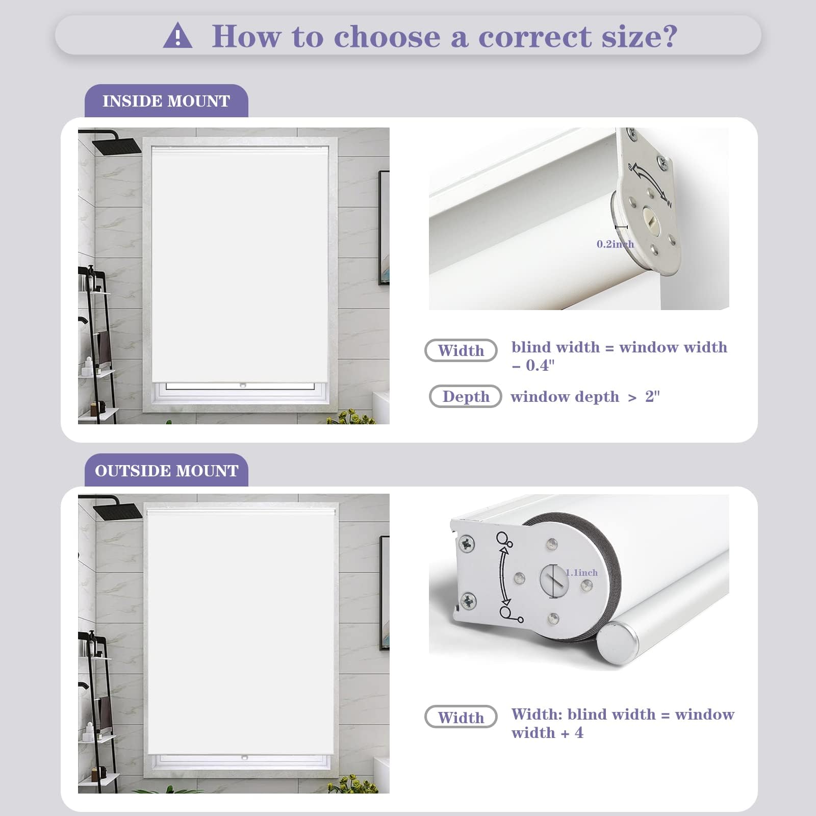Joydeco cordless blackout shade installation guide: inside and outside mount measurements for bathroom window.