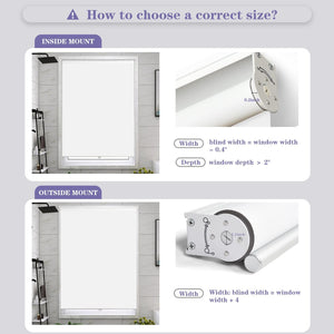 Joydeco cordless blackout shade installation guide: inside and outside mount measurements for bathroom window.