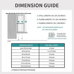 Joydeco Velourette Chenille blackout curtain dimension guide, including length and panel quantity.