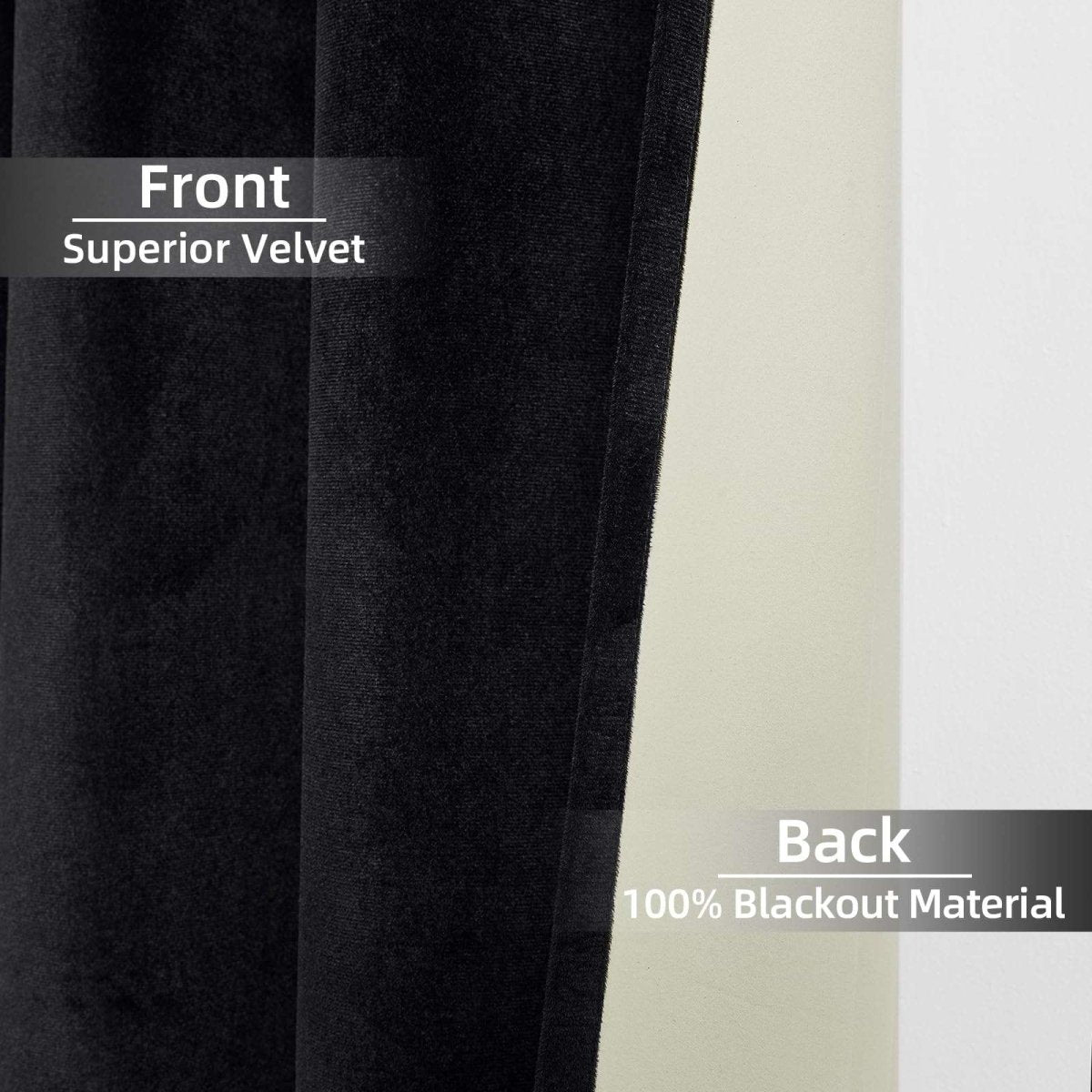 Black velvet curtain front with superior plush texture and cream 100% blackout backing.