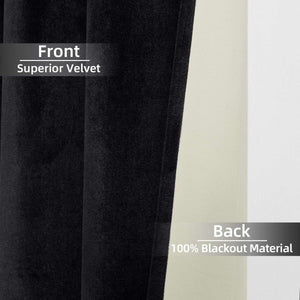 Black velvet curtain front with superior plush texture and cream 100% blackout backing.