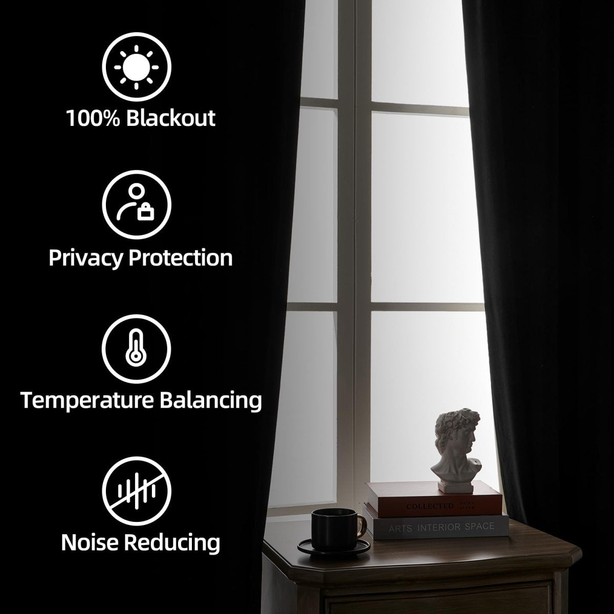 Black velvet blackout curtains, 100% light blocking, privacy, thermal insulation, noise reduction.