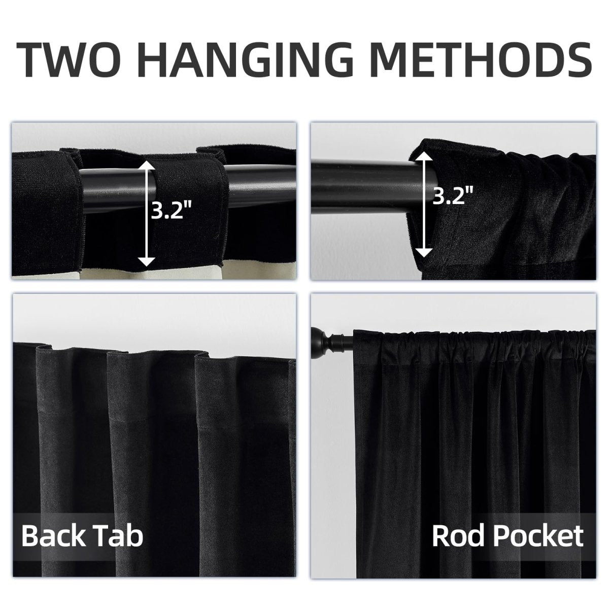 Joydeco black velvet blackout curtains showing back tab and rod pocket with 3.2 inch width.