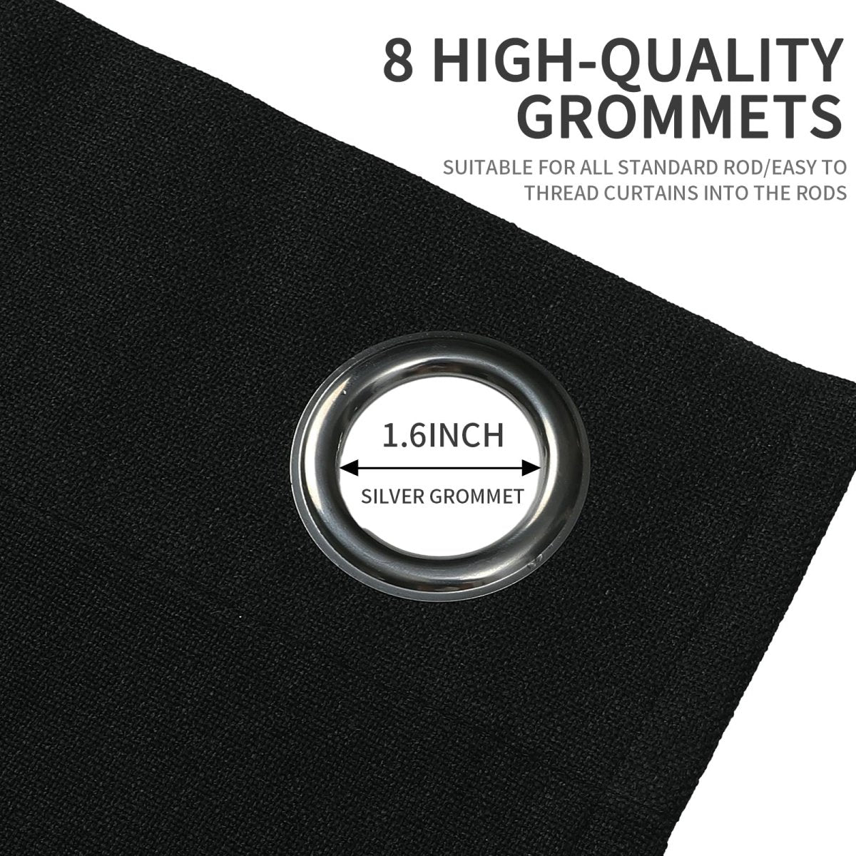 Close up of black linen blackout curtain fabric with silver 1.6 inch grommet, highlighting easy installation feature.