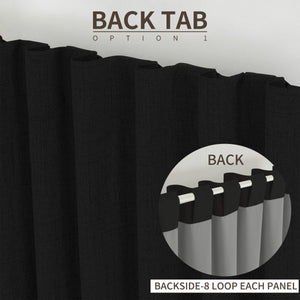 Close-up of black linen blackout curtain showing textured fabric and back tab option with 8 loops per panel for easy hanging.