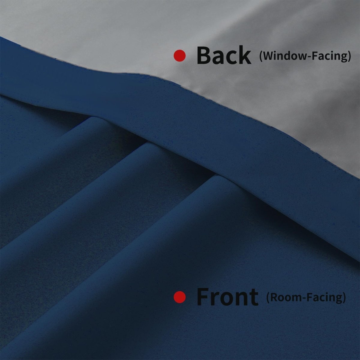 Joydeco deep blue 100% blackout curtain fabric detail, showing front (room-facing) and back (window-facing) sides.