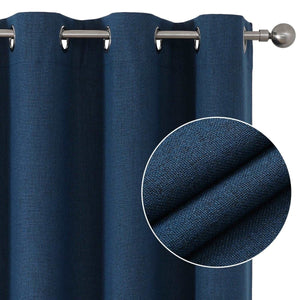 Joydeco denim blue linen blackout curtain panel with grommets and close-up texture detail on rod.