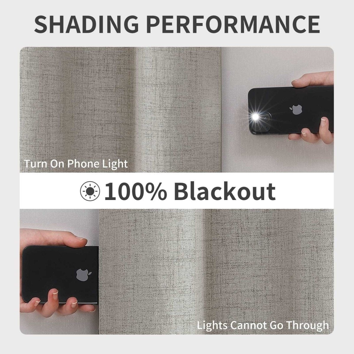 Joydeco custom faux linen curtains: demonstrating 100% blackout capability with phone light test.