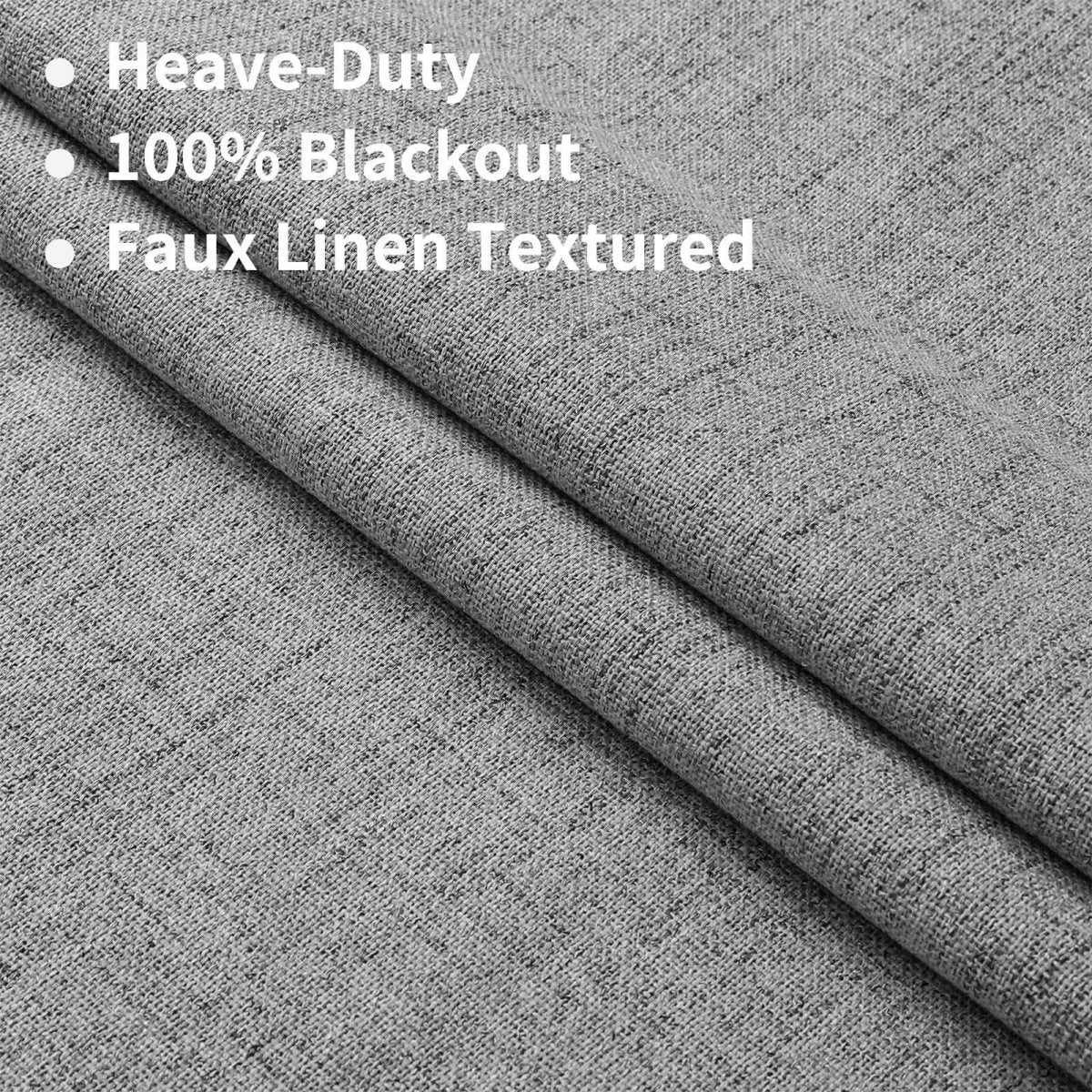 Close-up of light grey faux linen fabric texture, 100% blackout, from Joydeco curtains.