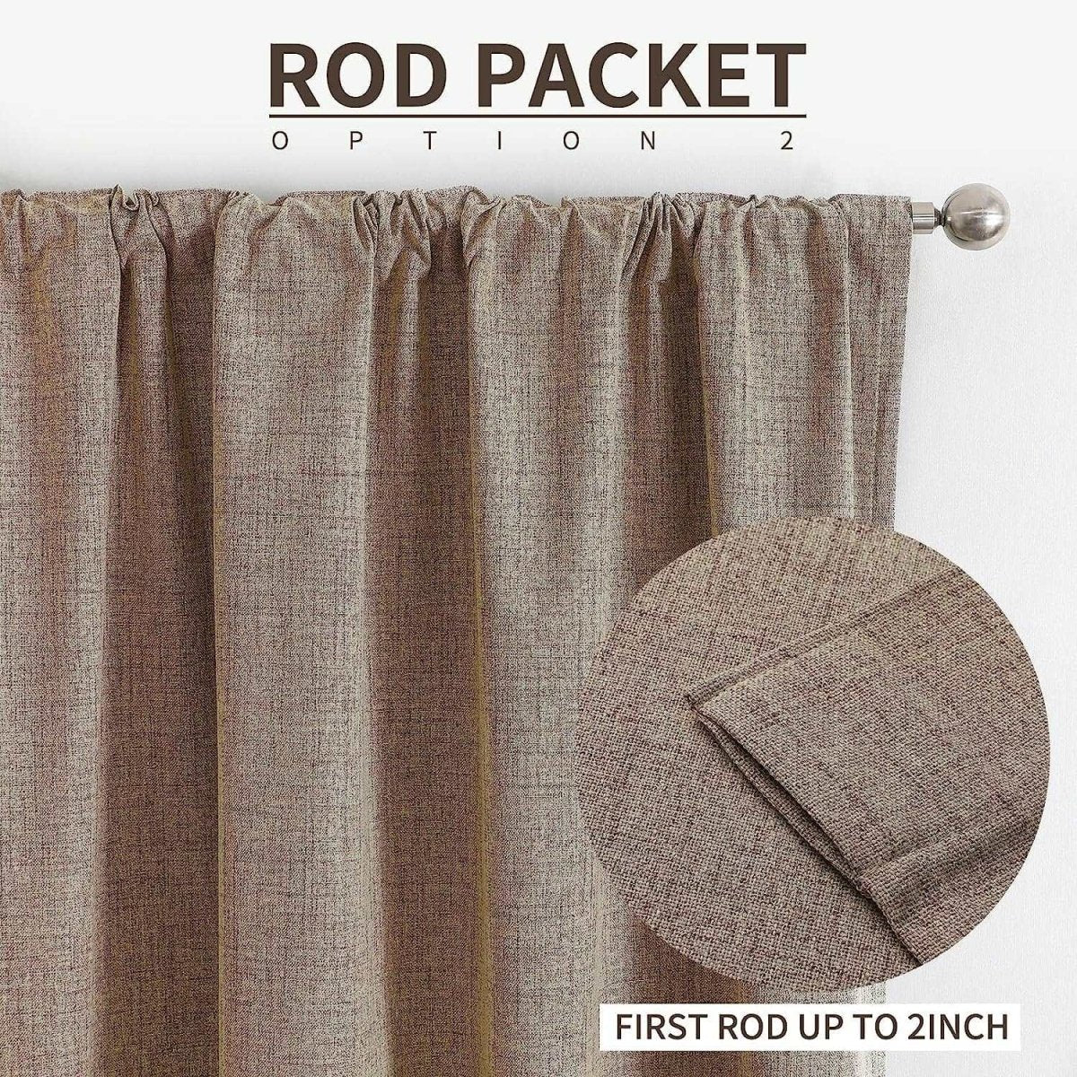 Joydeco taupe linen curtains with rod pocket installation for living room, fits up to 2 inch rods.