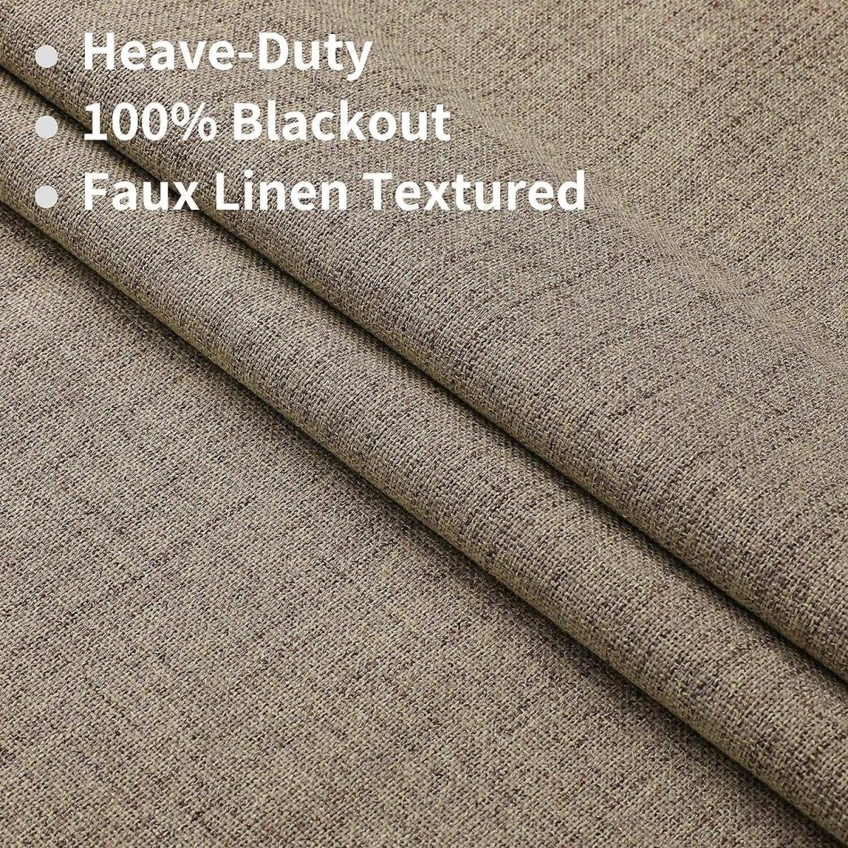 Joydeco taupe faux linen blackout curtains fabric close-up, showing heavy-duty texture and 100% blackout quality.