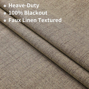 Joydeco taupe faux linen blackout curtains fabric close-up, showing heavy-duty texture and 100% blackout quality.
