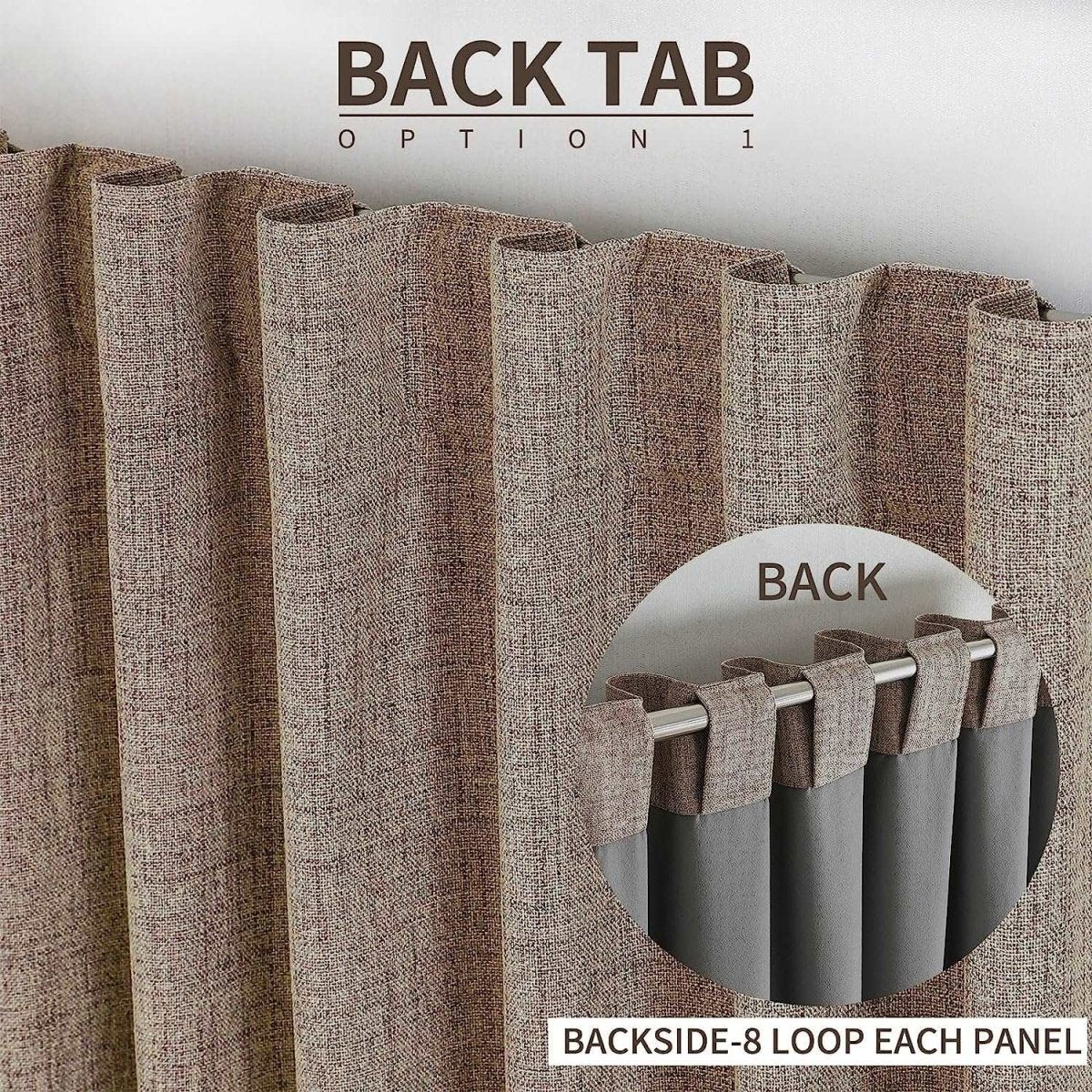 Joydeco taupe linen blackout curtains with back tab hanging option, showing 8 loops per panel and curtain backside.