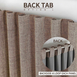 Joydeco taupe linen blackout curtains with back tab hanging option, showing 8 loops per panel and curtain backside.