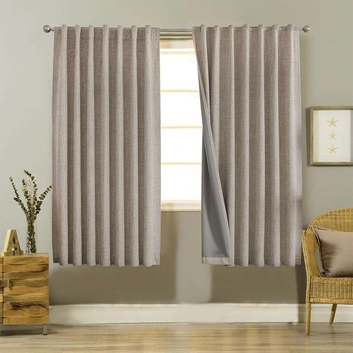 Joydeco custom taupe linen blackout curtains showing texture and grey lining, with grommets.