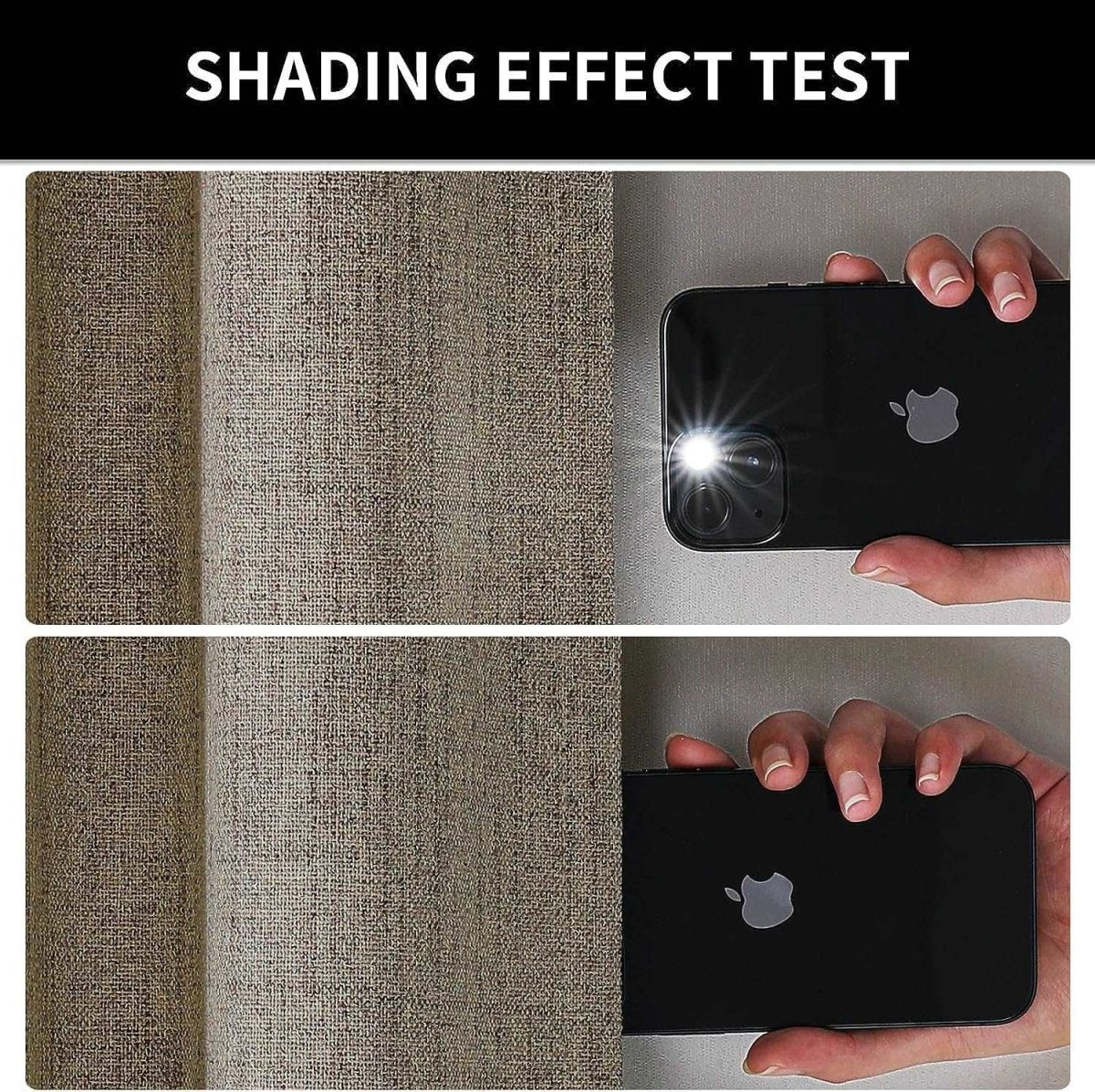 Joydeco taupe linen blackout curtains demonstrate 100% light blocking effectiveness with a phone flashlight test.