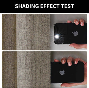 Joydeco taupe linen blackout curtains demonstrate 100% light blocking effectiveness with a phone flashlight test.
