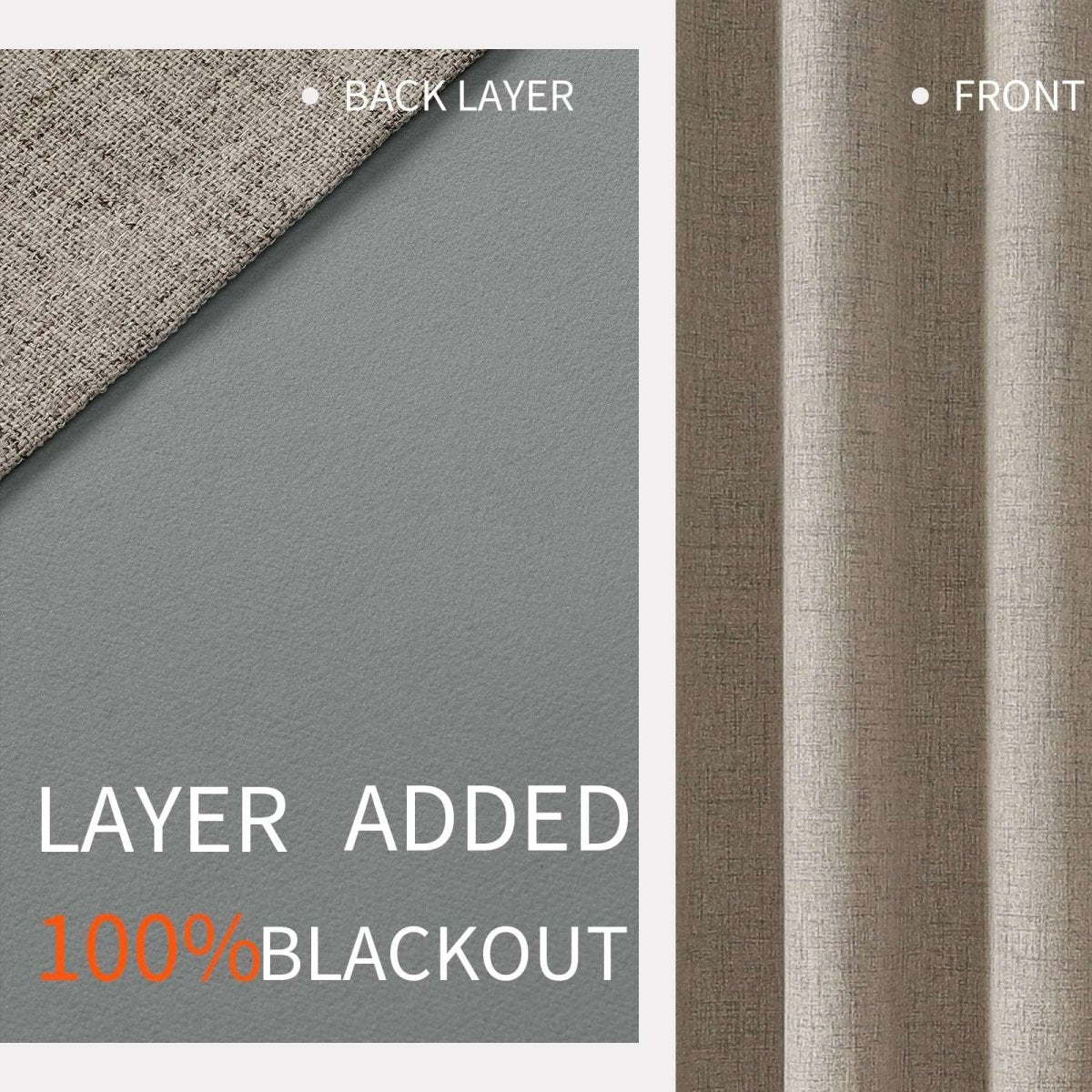 Beige faux linen curtain with double layer for 100% blackout. Textured front, grey liner visible.