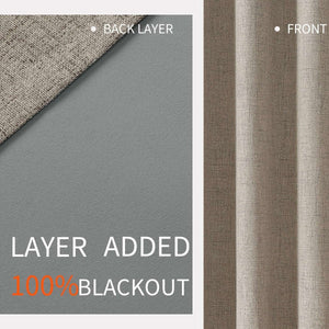 Beige faux linen curtain with double layer for 100% blackout. Textured front, grey liner visible.