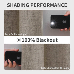 Faux linen blackout curtains demonstrating 100% light blocking. Phone flashlight shown to prove no light passes.