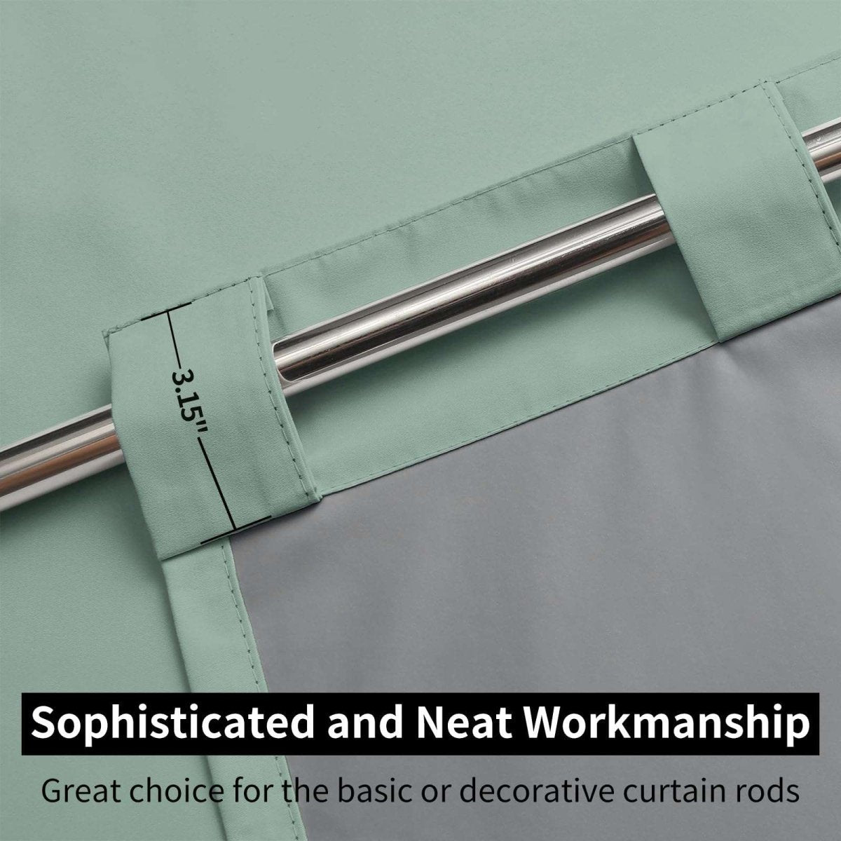 Joydeco mineral blue blackout curtains: back tabs & rod pocket on silver rod, grey lining. 3.15" tabs.