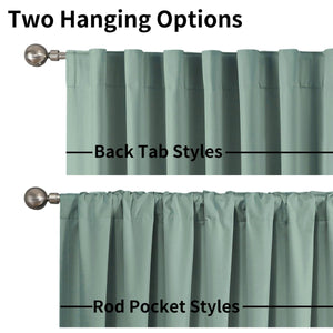 Joydeco Mineral Blue Curtains: showcasing back tab and rod pocket hanging styles on metal rods.
